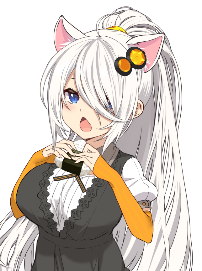 1girl alternate_hairstyle animal_ear_fluff animal_ears black_dress blue_eyes blush breasts cat_ears chestnut_mouth commentary_request detached_sleeves dress food hair_ornament hair_over_one_eye holding holding_food kemonomimi_mode kizuna_akari large_breasts long_hair long_sleeves looking_at_viewer onigiri open_mouth orange_sleeves shirt silver_hair solo star_(symbol) straight_hair striped_sleeves very_long_hair vocaloid voiceroid white_shirt yappen