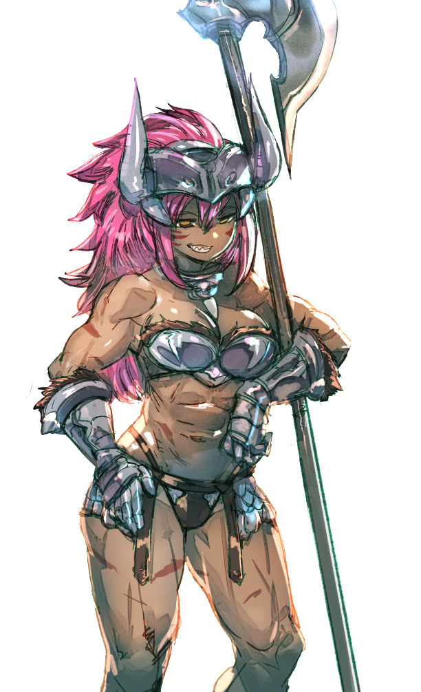 1girl abs armor big_hair bikini_armor boobplate bow_(bhp) contrapposto dark_skin dark-skinned_female facial_mark gauntlets grin hand_on_hip holding holding_weapon long_hair looking_at_viewer navel original pink_hair poleaxe ponytail scar sharp_teeth simple_background smile solo standing teeth weapon white_background yellow_eyes