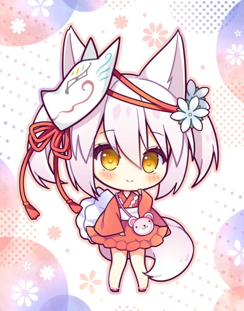 1girl animal_bag animal_ear_fluff animal_ears bag bangs black_footwear blush brown_eyes chibi closed_mouth commentary_request eyebrows_visible_through_hair floral_background flower fox_ears fox_girl fox_mask fox_tail full_body hair_between_eyes hair_flower hair_ornament hand_up irotoridori_no_sekai japanese_clothes kimono long_sleeves looking_at_viewer mask mask_on_head obi pink_hair red_kimono ren_(irotoridori_no_sekai) ryuuka_sane sash shoulder_bag sleeves_past_wrists smile solo standing tail twintails white_background white_flower wide_sleeves