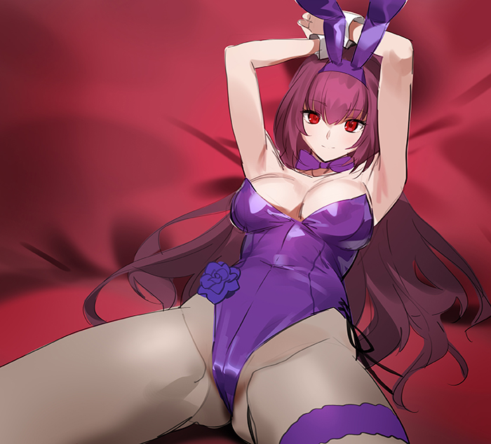 1girl arms_up bow bowtie brown_hair eyebrows_visible_through_hair fate/grand_order fate_(series) flower_ornament hands_above_head legs_apart long_hair lying piercing_bunny playboy_bunny red_eyes satin satin_sheets scathach_(fate)_(all) scathach_(fate/grand_order) smile solo thigh_strap wrist_cuffs yd_(orange_maru)