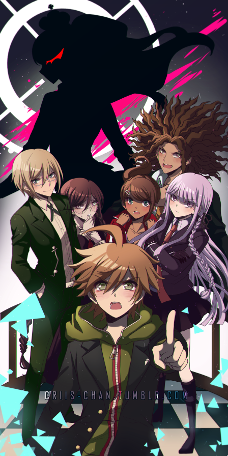 3boys 4girls asahina_aoi bangs black_footwear black_hair black_ribbon black_skirt blonde_hair blue_eyes blunt_bangs boots braid brown_eyes brown_hair collared_shirt criis-chan crown dangan_ronpa dangan_ronpa_1 dress_shirt enoshima_junko eyebrows_visible_through_hair fukawa_touko glasses green_eyes green_jacket green_pants hagakure_yasuhiro hair_between_eyes hair_up hood hoodie jacket kirigiri_kyouko long_hair multiple_boys multiple_girls naegi_makoto necktie open_clothes open_jacket open_mouth orange_neckwear pants pink_blood pointing pointing_at_viewer purple_hair purple_jacket red_jacket ribbon shirt short_hair side_braid skirt thigh-highs thigh_boots togami_byakuya twitter_username violet_eyes white_shirt