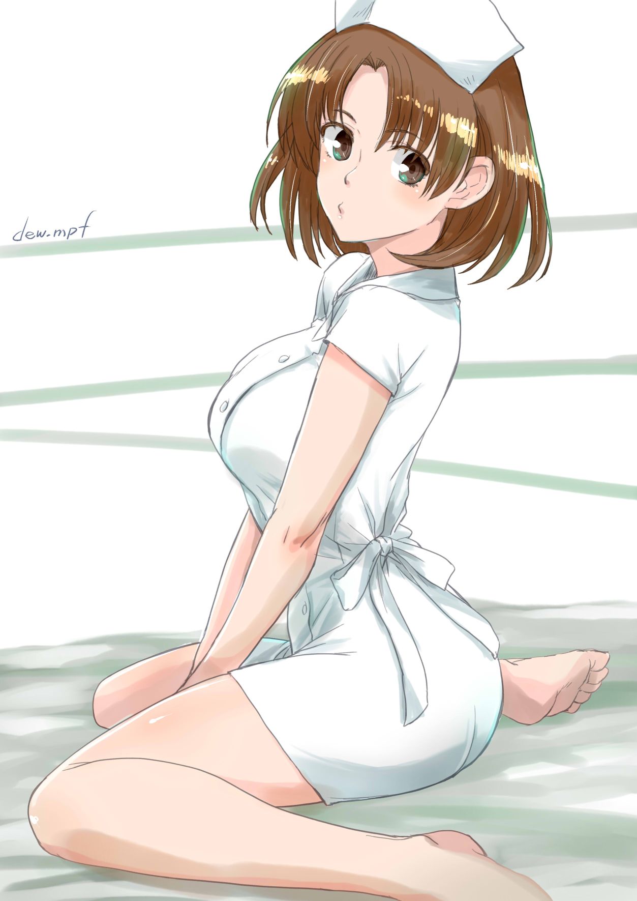 1girl alternate_costume barefoot breasts brown_eyes brown_hair chiyoda_(kantai_collection) commentary_request dress hat highres kantai_collection kote_(dew) large_breasts looking_at_viewer nurse nurse_cap short_hair sitting solo wariza white_background white_dress