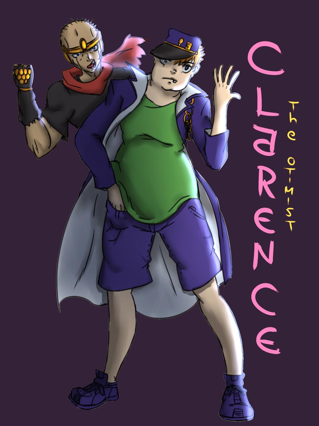 2boys absurdres arms_up blonde_hair cartoon_network clarence clarence_wendle crossover highres jojo's_bizarre_adventure jojo_no_kimyou_na_bouken kuujou_joutarou kuujou_joutarou_(cosplay) looking_at_viewer multicolored multicolored_background pose purple_background purple_hat ryan_sumouski star_platinum