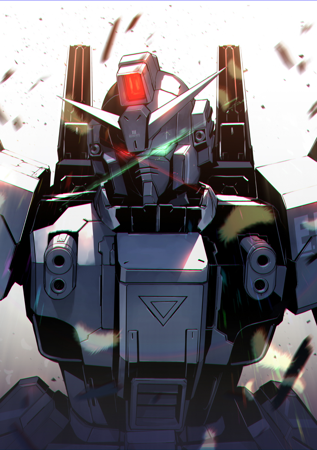 blue_destiny_03 close-up debris floating glowing glowing_eyes green_eyes gundam gundam_side_story:_the_blue_destiny heterochromia highres kuri_giepi mecha monochrome no_humans red_eyes science_fiction solo spot_color v-fin