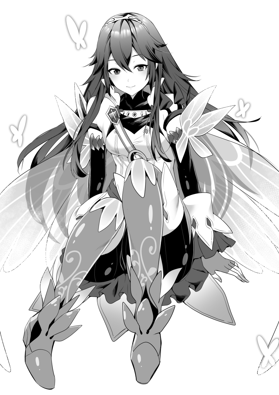 alternate_costume ameno_(a_meno0) breasts bug butterfly butterfly_wings fingerless_gloves fire_emblem fire_emblem_awakening fire_emblem_heroes gloves greyscale hair_between_eyes highres insect long_hair looking_at_viewer lucina_(fire_emblem) monochrome simple_background sitting small_breasts smile symbol-shaped_pupils white_background wings