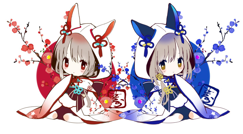 2girls animal_ears black_bow blue_flower blush bow brown_bow brown_eyes brown_hair chibi closed_mouth commentary_request ears_through_headwear flower hood hood_up japanese_clothes kimono long_hair long_sleeves looking_at_viewer multiple_girls obi original rabbit_ears red_eyes red_flower sash siblings sleeves_past_fingers sleeves_past_wrists smile tree_branch twins white_background white_kimono wide_sleeves yuzuyomogi