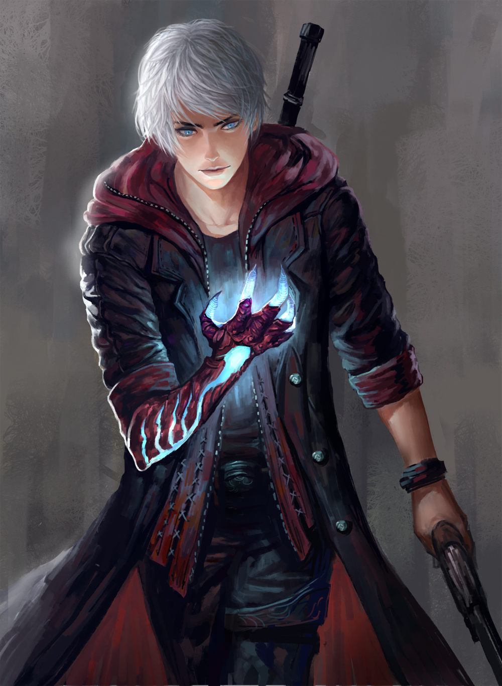 1boy belt black_coat blue_eyes bracelet claws closed_mouth coat devil_may_cry devil_may_cry_4 diaodiao glowing gun handgun highres holding holding_gun holding_weapon hood hood_down jewelry looking_at_hand male_focus nero_(devil_may_cry) open_clothes open_coat sleeves_rolled_up solo sword thigh_strap weapon weapon_on_back white_hair zipper