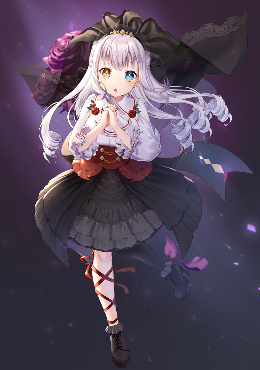 1girl :o ascot bangs black_footwear black_legwear black_nails black_skirt blue_eyes boots breasts brown_eyes collared_shirt commentary_request eyebrows_visible_through_hair floral_background flower hands_clasped hands_up heterochromia highres kagura_mea kagura_mea_channel leg_ribbon long_hair long_sleeves looking_at_viewer medium_breasts momoshiki_tsubaki nail_polish own_hands_together parted_lips pleated_skirt puffy_long_sleeves puffy_sleeves purple_flower purple_rose red_flower red_ribbon red_rose ribbon ringlets rose see-through shirt silver_hair single_leg_pantyhose skirt solo standing standing_on_one_leg veil very_long_hair virtual_youtuber white_neckwear white_shirt