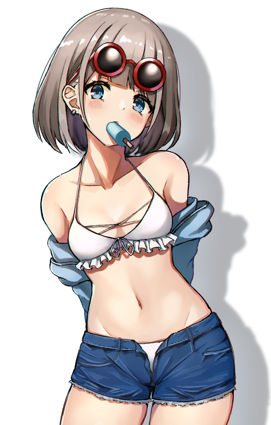 1girl arms_behind_back bangs bikini bikini_under_clothes blue_eyes blue_shirt blue_shorts breasts commentary cowboy_shot cutoffs earrings eyewear_on_head food food_in_mouth frilled_bikini frills grey_hair halterneck head_tilt highres idolmaster idolmaster_shiny_colors jewelry looking_at_viewer mouth_hold navel off_shoulder open_fly popsicle red-framed_eyewear round_eyewear serizawa_asahi shadow shirt short_shorts shorts simple_background small_breasts solo standing sunglasses swimsuit wanimaru white_background white_bikini