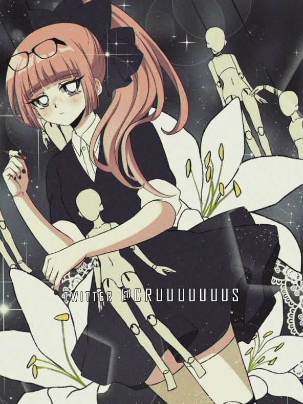 1990s_(style) 1girl bangs black_bow black_dress black_nails blunt_bangs blush bow brown_hair collared_shirt commentary cowboy_shot criis-chan dangan_ronpa dress dutch_angle eyebrows_visible_through_hair eyewear_on_head flower glasses hair_bow hair_over_shoulder hand_up high_ponytail holding kana_(criis-chan) long_hair looking_at_viewer original ponytail puppet puppet_strings shirt short_sleeves solo sparkle thigh-highs violet_eyes white_flower white_shirt