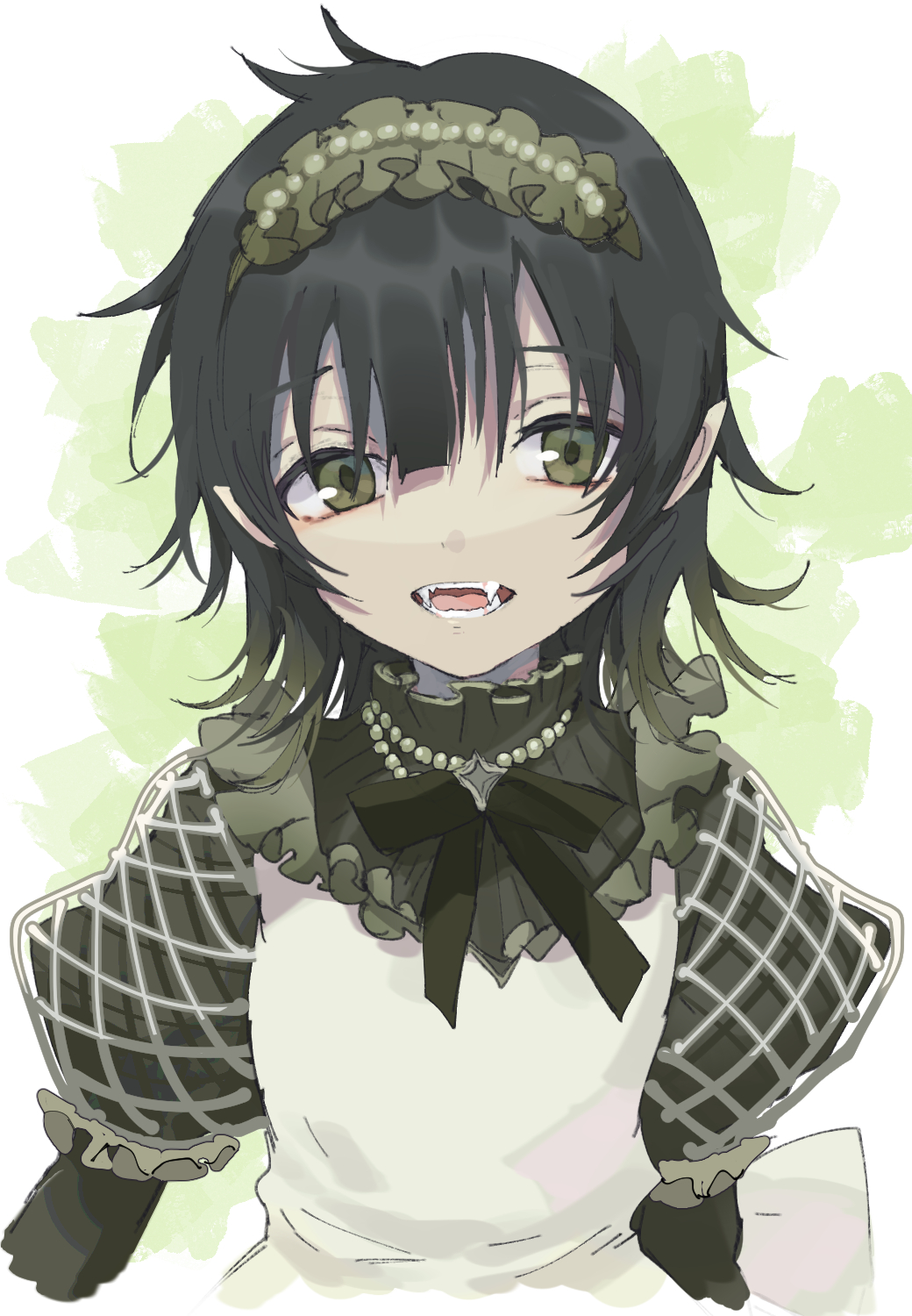 1boy apron bangs black_hair eyebrows_visible_through_hair fangs frilled_apron frills green_eyes hair_between_eyes highres kayanogura looking_at_viewer male_focus open_mouth original pointy_ears puffy_short_sleeves puffy_sleeves short_sleeves solo upper_body white_apron