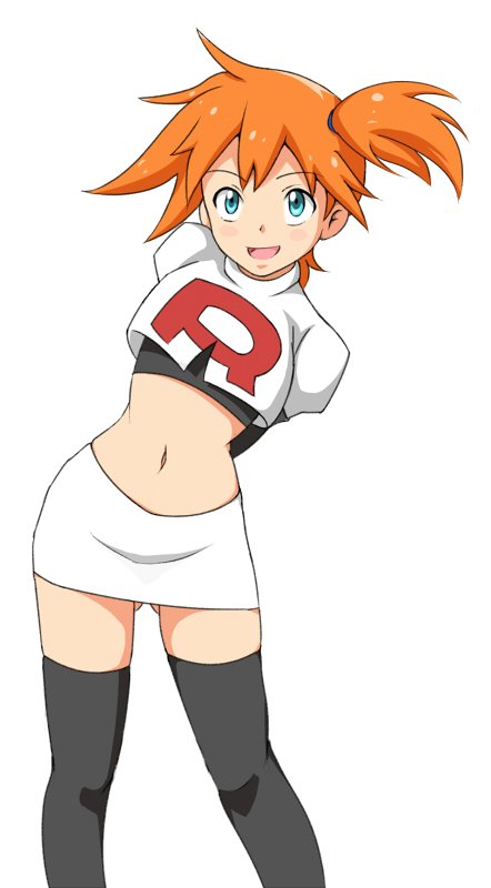 1girl ass_visible_through_thighs looking_at_viewer midriff misty_(pokemon) monousa navel open_mouth orange_hair pokemon pokemon_(anime) short_hair side_ponytail simple_background skirt smile solo team_rocket team_rocket_uniform thigh-highs white_background