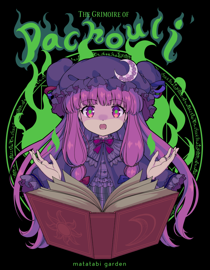 1girl bangs blue_bow book bow crescent crescent_moon crescent_moon_pin dress english_text error fire green_fire green_pupils hair_bow hat iris_anemone jewelry long_hair looking_at_viewer mob_cap moon open_mouth patchouli_knowledge purple_dress purple_hair purple_headwear red_bow red_neckwear ring shaded_face sidelocks solo touhou upper_body violet_eyes