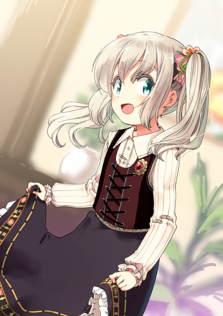 1girl :d black_skirt blue_eyes blurry blurry_background bow brooch collared_shirt corset depth_of_field flower from_side green_ribbon grey_hair hair_bow hair_flower hair_ornament hair_ribbon hota jewelry latina_(uchi_no_musume_no_tame_naraba) long_skirt long_sleeves looking_at_viewer looking_to_the_side open_mouth pink_bow plant potted_plant ribbed_shirt ribbon shirt skirt skirt_hold smile solo twintails uchi_no_musume_no_tame_naraba_ore_wa_moshikashitara_maou_mo_taoseru_kamo_shirenai. white_shirt window wing_collar