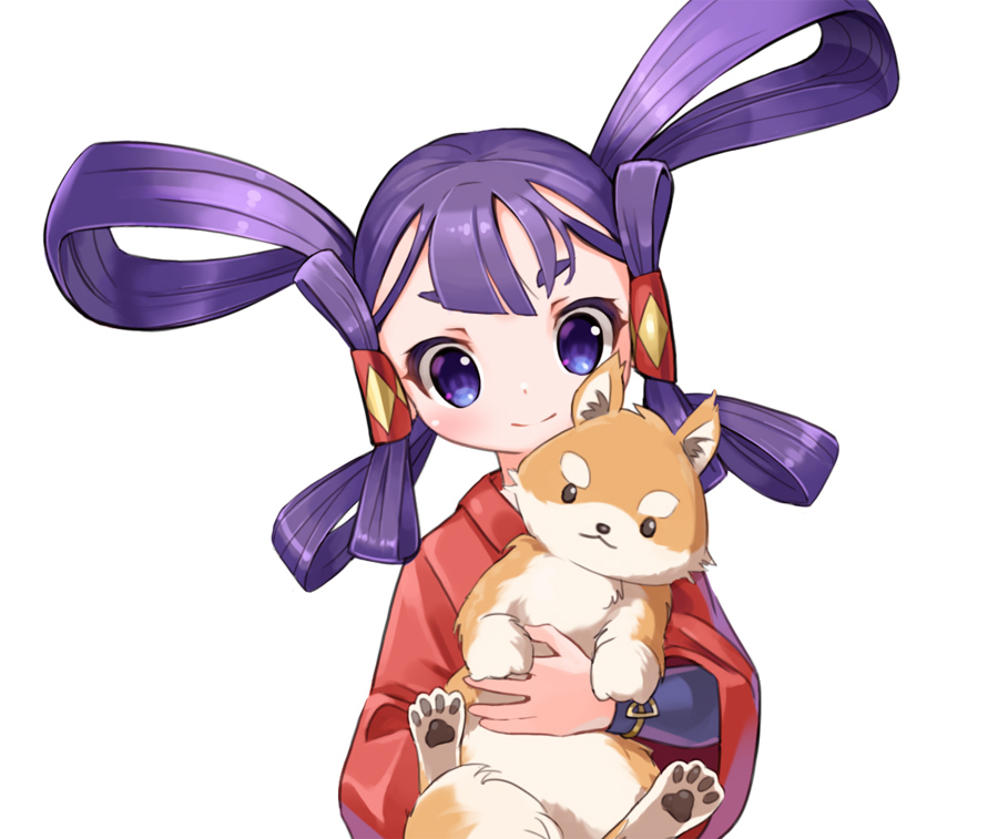 1girl animal bangs black_eyes blue_eyes dog hair_rings holding holding_animal holding_dog japanese_clothes light_blush paws purple_hair sakuna-hime short_eyebrows smile solo taedu tensui_no_sakuna-hime v-shaped_eyebrows white_background