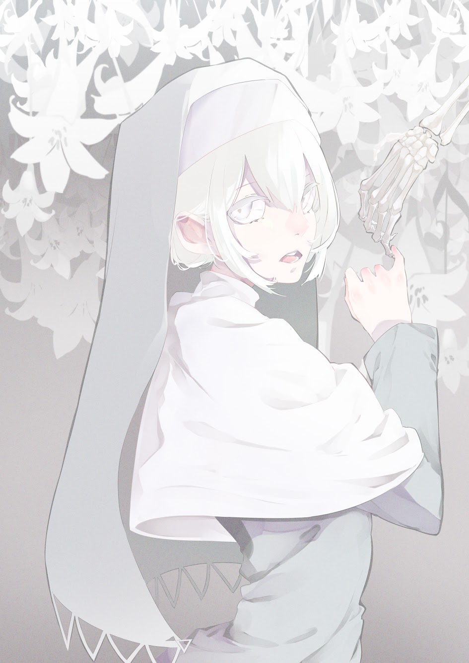 1girl 1other bone eyebrows_visible_through_hair flower grey_eyes hair_between_eyes highres looking_at_viewer maimuro nun open_mouth original pinky_swear short_hair skeletal_arm skeletal_hand skeleton teeth tongue turtleneck upper_teeth white_flower white_hair white_theme