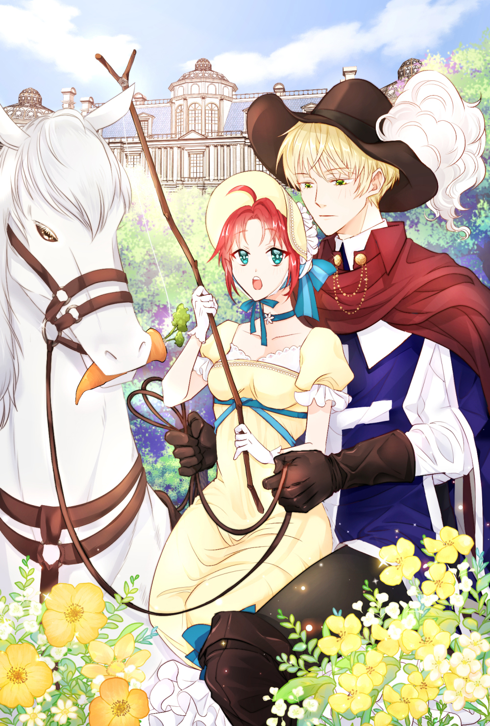 1boy 1girl :o black_gloves black_headwear blonde_hair blue_ribbon boots building cape carrot day dress elbow_gloves feet_out_of_frame flower gloves green_eyes hat_feather hetero highres holding holding_stick horse horseback_riding knee_boots long_sleeves magek mouth_hold original outdoors red_cape redhead ribbon riding saddle short_sleeves sidesaddle stick yellow_dress yellow_flower