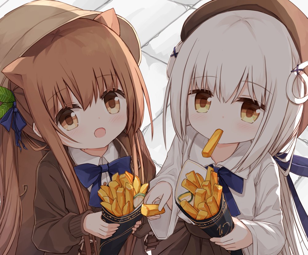 2girls animal_ears bangs beret blue_bow blush bow brown_eyes brown_hair brown_headwear brown_jacket brown_skirt brown_vest collared_shirt commentary_request dress_shirt eyebrows_visible_through_hair food food_in_mouth french_fries hair_between_eyes hair_bow hair_rings hat holding holding_food jacket long_hair long_sleeves looking_at_viewer mouth_hold multiple_girls open_mouth original pleated_skirt shirt skirt sleeves_past_wrists squirrel_ears squirrel_girl_(yuuhagi_(amaretto-no-natsu)) very_long_hair vest white_hair white_shirt wide_sleeves yuuhagi_(amaretto-no-natsu)