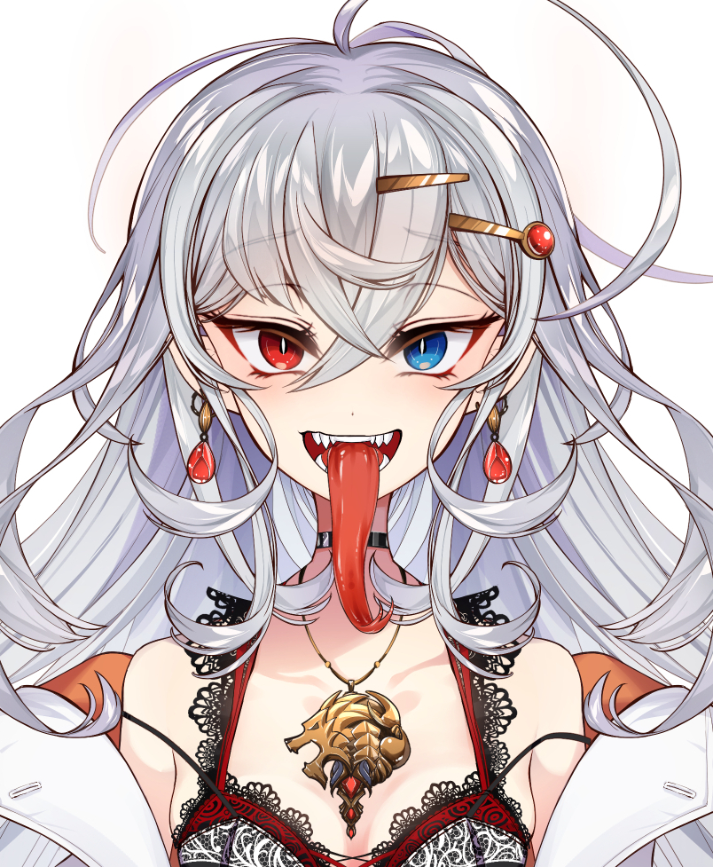 1girl ahoge bangs bare_shoulders black_choker blue_eyes blush breasts camisole choker cluseller coat collarbone commentary_request cropped crystal earrings eyebrows_visible_through_hair forked_tongue gem grey_hair hair_ornament hairclip happy heterochromia huge_ahoge indie_virtual_youtuber jewelry labcoat lace_trim light_blush long_hair long_tongue looking_at_viewer messy_hair necklace off_shoulder open_mouth pendant red_eyes ruby_(gemstone) sharp_teeth shiny shiny_hair sidelocks simple_background siragumo_raimu skindentation small_breasts smile solo strap_slip teeth tongue tongue_out upper_body virtual_youtuber white_background white_coat