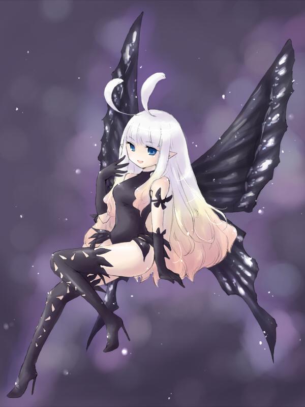 1girl anne_(bravely_second) antenna_hair black_gloves black_legwear black_leotard blue_eyes boots bravely_default_(series) bravely_second:_end_layer butterfly_wings commentary_request elbow_gloves fairy full_body gloves hand_to_own_mouth high_heels leotard long_hair open_mouth pointy_ears silver_hair smile solo thigh-highs thigh_boots thighs wings yuki56