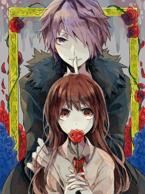 1boy 1girl blue_flower blue_rose brown_hair closed_mouth coat collared_shirt finger_to_mouth flower frame fur-trimmed_coat fur_trim garry_(ib) hair_over_one_eye hand_on_another's_shoulder holding holding_flower ib ib_(ib) long_hair painting_(object) plant purple_hair red_eyes red_flower red_neckwear red_rose rose shirt short_hair smile thorns vines violet_eyes wonoco0916