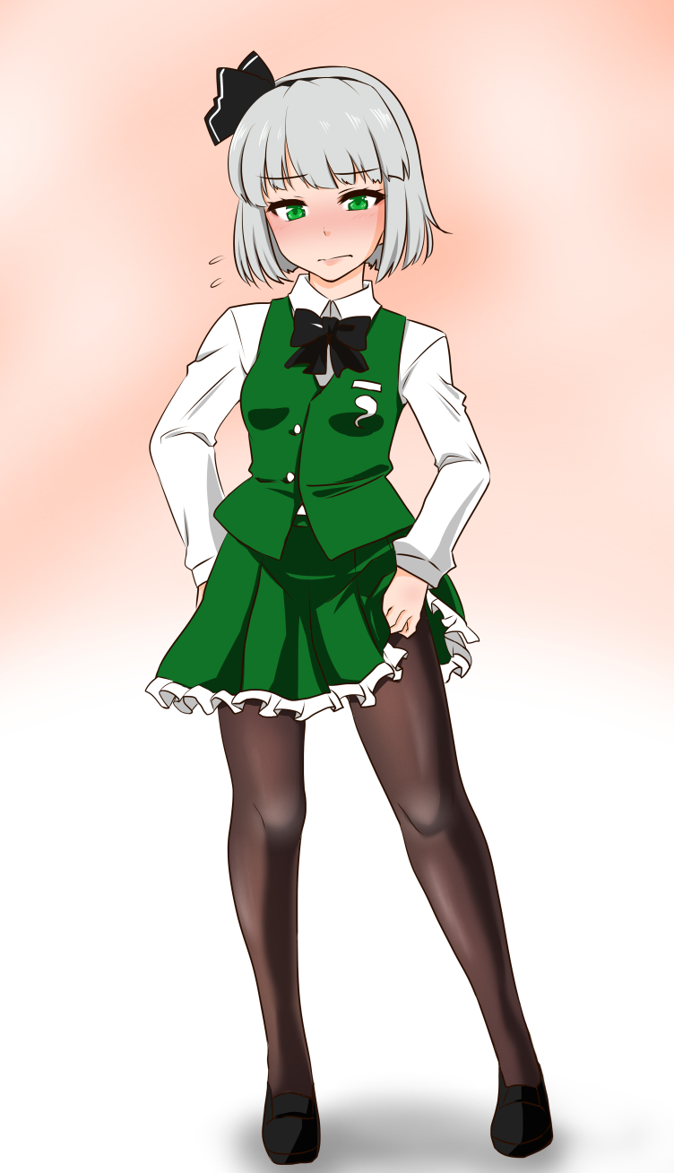 1girl adjusting_clothes adjusting_legwear black_bow black_footwear black_neckwear blush bob_cut bow bowtie brown_legwear closed_mouth collared_shirt embarrassed flying_sweatdrops full_body green_eyes green_skirt green_vest grey_hair hairband highres konpaku_youmu long_sleeves pantyhose pleated_skirt shiraue_yuu shirt shoes skirt solo standing touhou vest white_shirt wing_collar