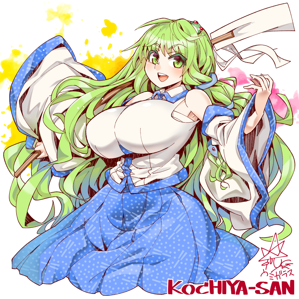 1girl bangs blue_skirt breasts character_name detached_sleeves english_text eyebrows_visible_through_hair frog_hair_ornament gohei green_eyes green_hair hair_ornament holding japanese_clothes kochiya_sanae large_breasts long_hair looking_at_viewer miko open_mouth shirt signature skirt smile snake_hair_ornament solo touhou umigarasu_(kitsune1963) white_background white_shirt wide_sleeves