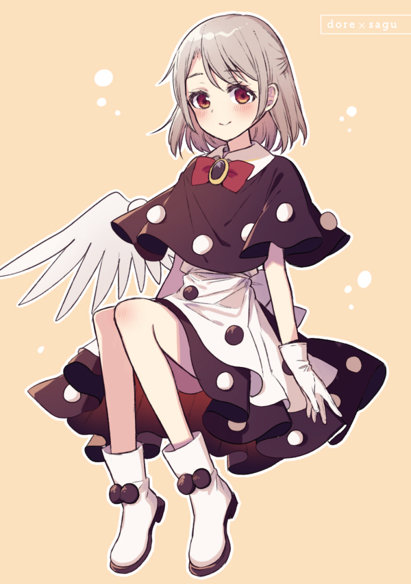 1girl angel_wings bangs beige_background blush boots brooch capelet closed_mouth commentary_request cosplay doremy_sweet doremy_sweet_(cosplay) dress floating full_body gloves jewelry kishin_sagume layered_skirt looking_at_viewer outline red_eyes red_neckwear retota short_hair silver_hair simple_background single_wing skirt smile solo swept_bangs touhou white_dress white_footwear white_gloves white_outline wings