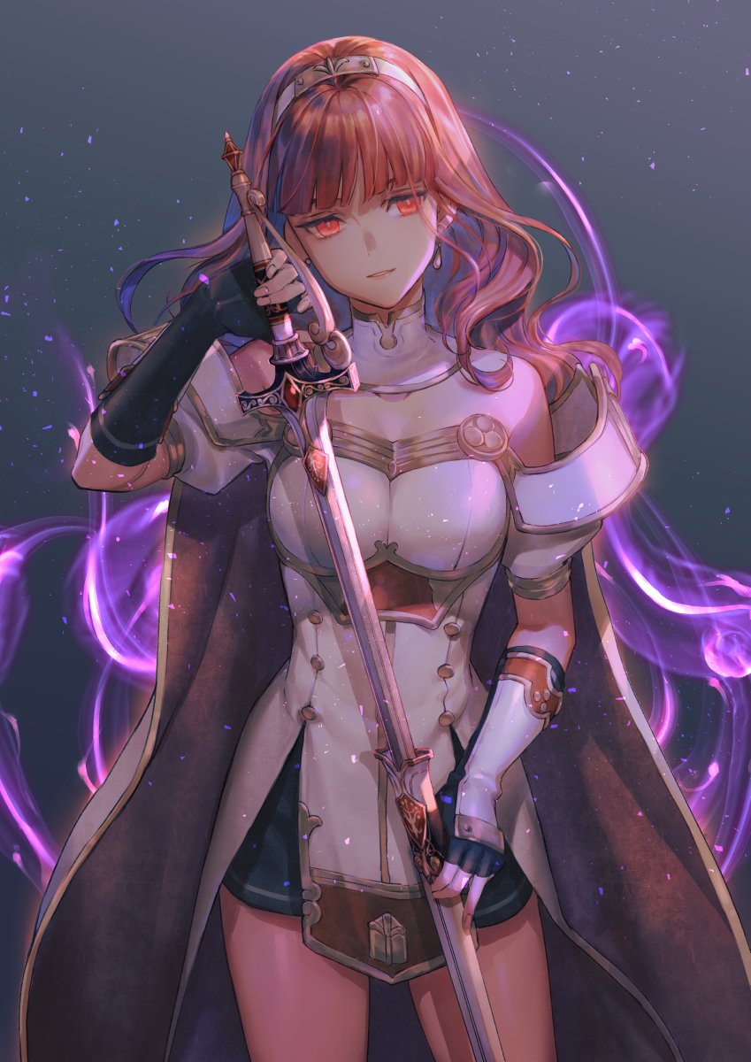 1girl aura bangs bare_shoulders black_gloves black_skirt blunt_bangs breasts buttons cape celica_(fire_emblem) cowboy_shot dark_persona detached_collar diadem dress earrings elbow_gloves fingerless_gloves fire_emblem fire_emblem_heroes furikawa_arika gloves gold_trim gradient gradient_background highres holding holding_sword holding_weapon jewelry long_hair medium_breasts miniskirt off-shoulder_dress off_shoulder puffy_short_sleeves puffy_sleeves red_cape red_eyes redhead shadow sheath short_sleeves skirt solo sword thighs two-tone_cape unsheathing weapon white_cape white_dress wrist_guards