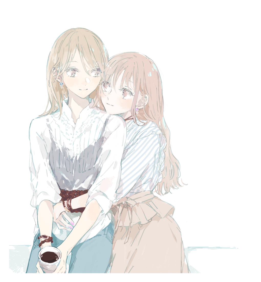 2girls blonde_hair bracelet brown_hair brown_skirt cup denim earrings holding holding_cup hug hug_from_behind jeans jewelry kakmxxxny06 long_hair looking_at_another multiple_girls original pants see-through shirt shirt_tucked_in simple_background skirt smile striped striped_shirt white_background white_shirt yuri