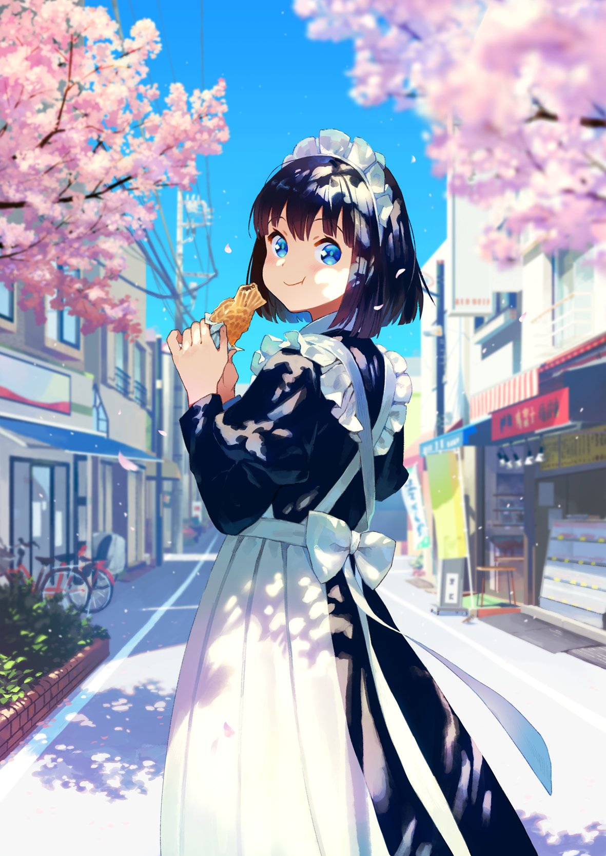 1girl apron black_hair blue_eyes blue_sky blush cherry_blossoms city eating eyebrows_visible_through_hair food highres looking_at_viewer looking_to_the_side maeya_susumu maid maid_apron maid_headdress original outdoors short_hair sky solo standing town