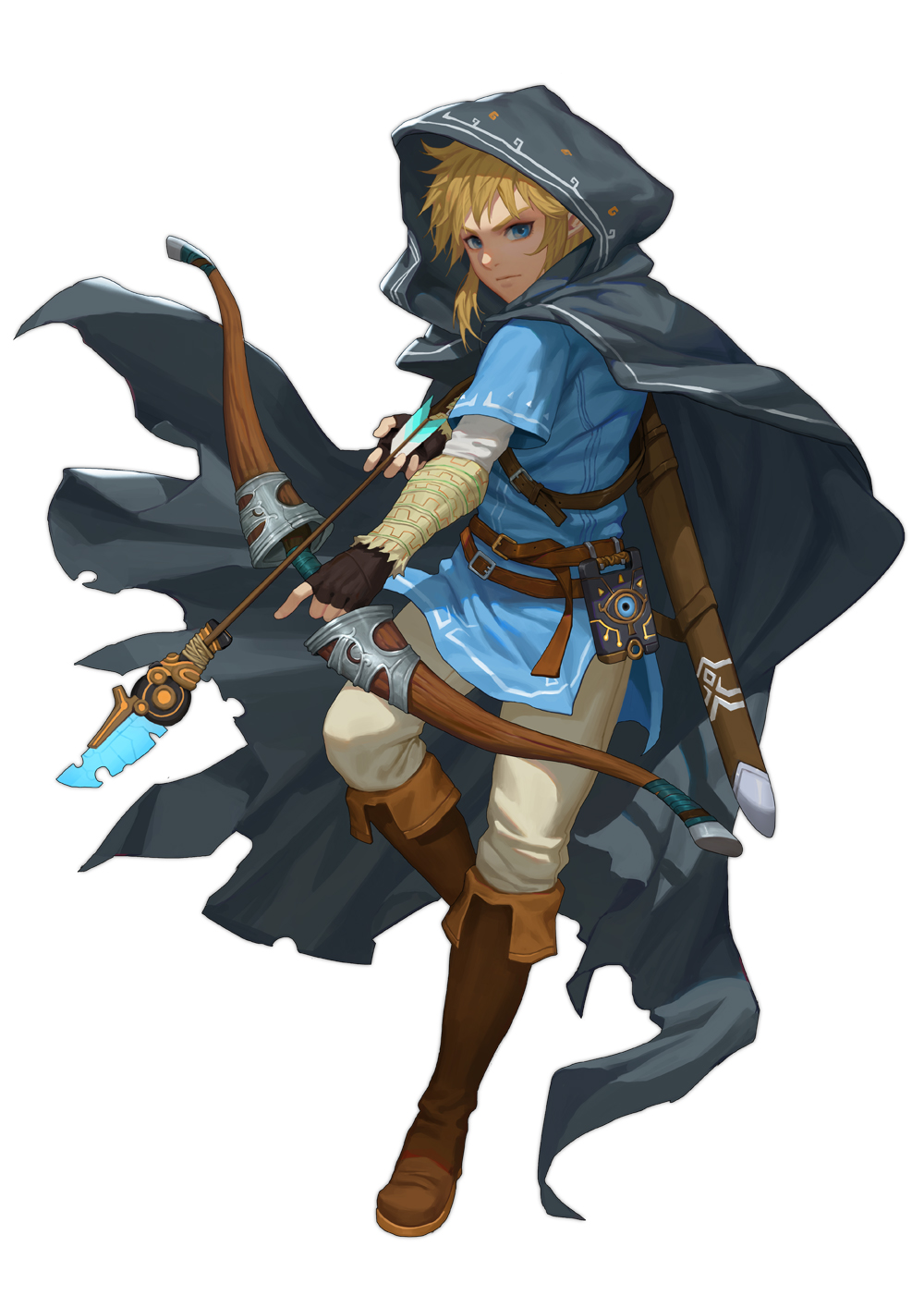 1boy arrow_(projectile) blonde_hair blue-eyes_white_dragon bow_(weapon) brown_footwear brown_gloves cloak closed_mouth diaodiao fingerless_gloves gloves grey_cloak highres holding holding_arrow holding_bow_(weapon) holding_weapon hood hood_up hooded_cloak link male_focus scabbard sheath simple_background solo the_legend_of_zelda the_legend_of_zelda:_breath_of_the_wild torn torn_cloak torn_clothes weapon white_background