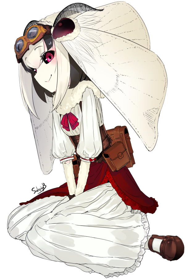 1girl bag dress goggles goggles_on_head insect_girl looking_at_viewer monster_girl moth_girl original simple_background sitting smile solo solopipb violet_eyes wariza white_background white_skin