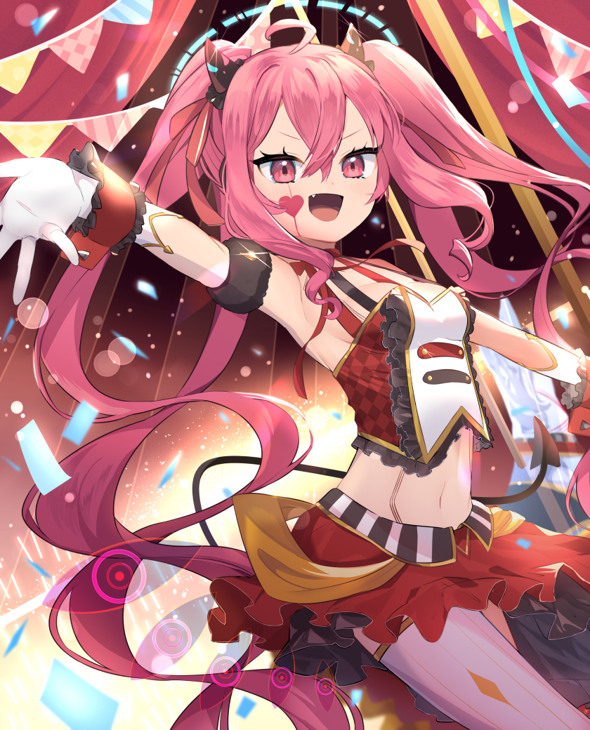 ahoge armband asymmetrical_legwear breasts circus confetti demon_tail dot_nose evil_eye_(sound_voltex) fake_horns fang gloves goma_(u_p) grace_(sound_voltex) hair_between_eyes halo heart heart_tattoo horns long_hair medium_breasts midriff multicolored multicolored_eyes navel open_mouth outstretched_arms pink_eyes pink_hair sound_voltex tagme tail tattoo wristband