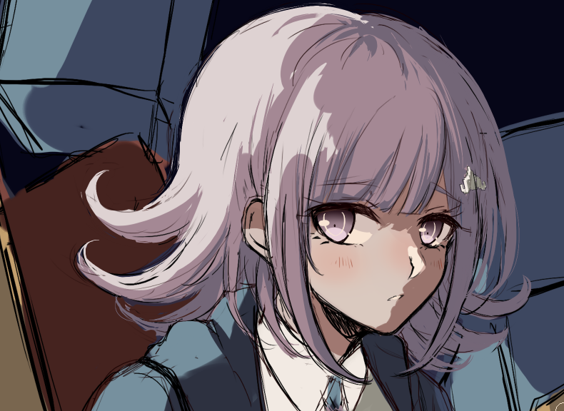 1girl bangs black_jacket blush collared_shirt commentary criis-chan dangan_ronpa english_commentary eyebrows_visible_through_hair face flipped_hair grey_eyes hair_ornament hairclip jacket looking_at_viewer medium_hair nanami_chiaki parted_lips pink_hair shirt sketch smile solo super_dangan_ronpa_2 white_shirt