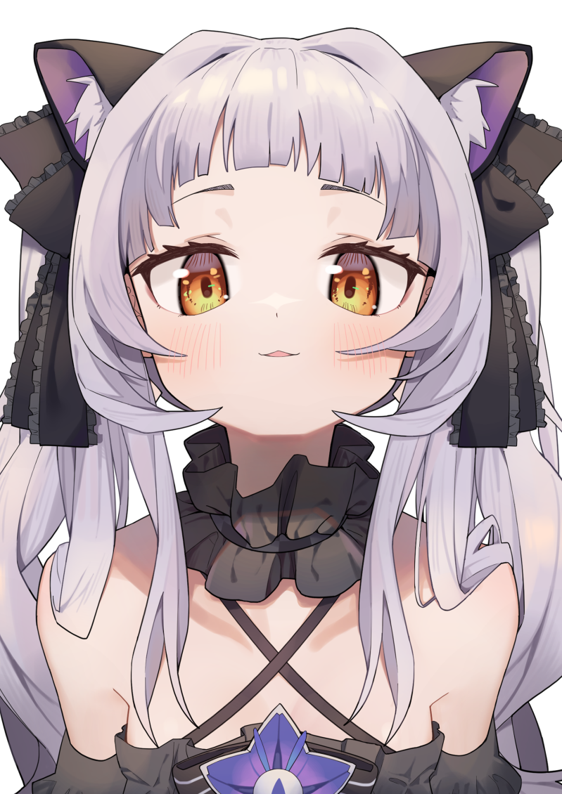 1girl animal_ears bangs bare_shoulders black_bow blunt_bangs blush bow breasts cat_ears commentary_request criss-cross_halter dress face hair_bow hair_ornament halterneck hololive long_hair looking_at_viewer murasaki_shion no_hat no_headwear portrait sidelocks silver_hair simple_background small_breasts solo star_(symbol) syhan twintails virtual_youtuber white_background yellow_eyes