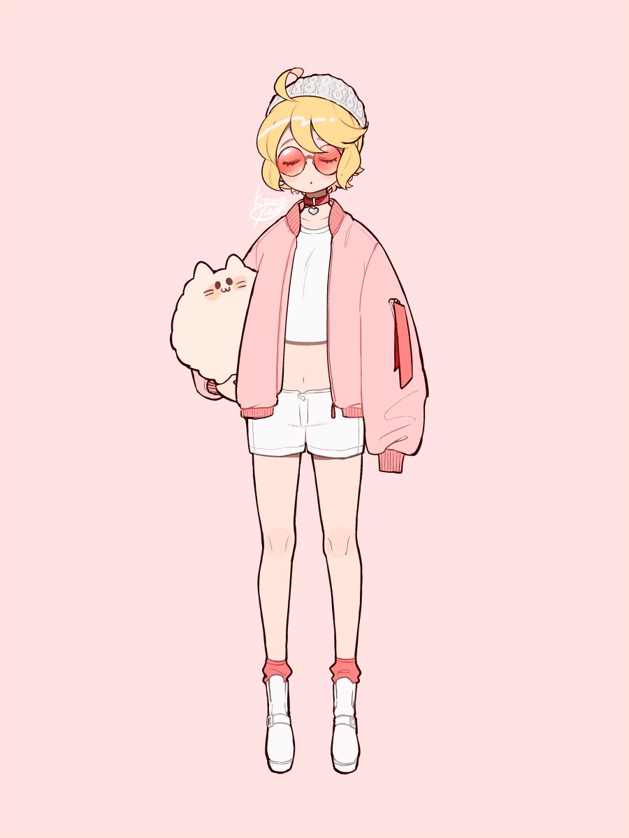 1girl blonde_hair blush choker closed_eyes heart heart_choker highres jacket kisaragi_yuu_(fallen_sky) long_sleeves midriff navel original pink-tinted_eyewear pink_background pink_jacket pink_legwear shirt shoes short_hair shorts signature simple_background sleeves_past_fingers sleeves_past_wrists socks solo tinted_eyewear white_footwear white_shirt white_shorts