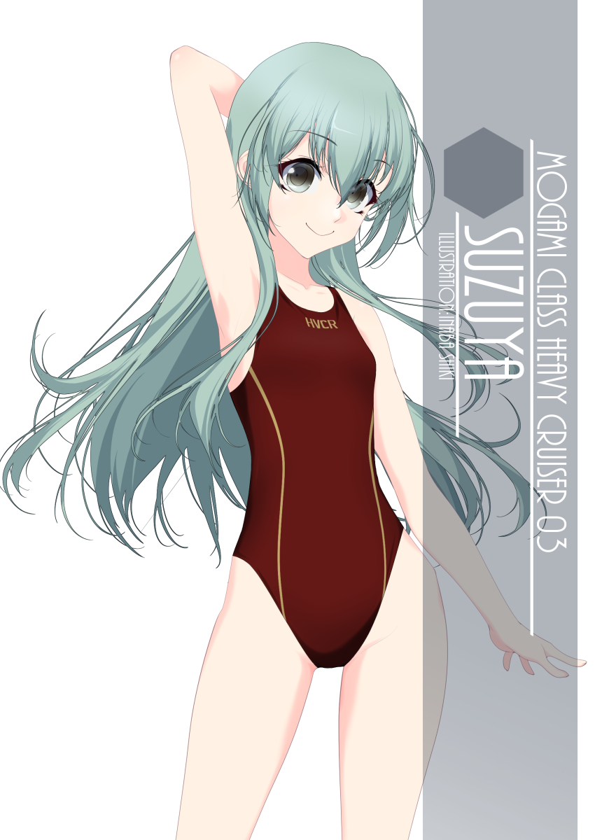 1girl alternate_breast_size aqua_eyes aqua_hair arms_up artist_name brown_swimsuit character_name commentary_request competition_swimsuit contrapposto cowboy_shot flat_chest hair_ornament hairclip highres inaba_shiki kantai_collection long_hair looking_at_viewer one-piece_swimsuit solo standing suzuya_(kantai_collection) swimsuit