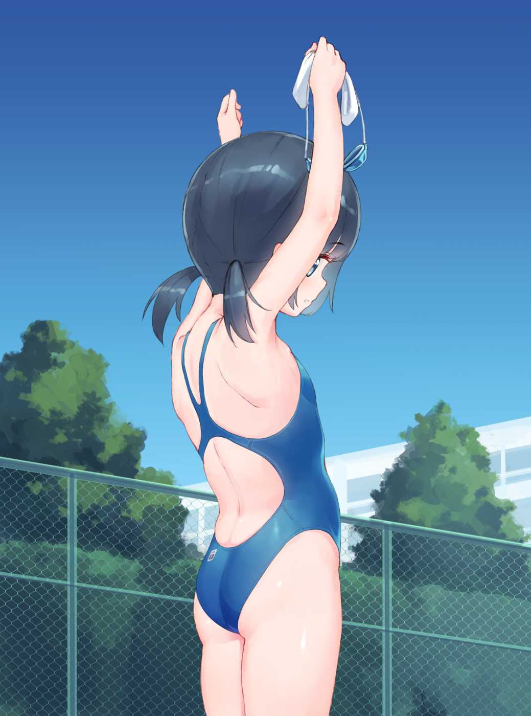 1girl arms_up ass back back_cutout black_hair blue_eyes blue_sky blue_swimsuit blush building chain-link_fence clothing_cutout competition_swimsuit cowboy_shot day facing_away fence flat_chest from_behind goggles highleg highleg_swimsuit highres holding holding_goggles loli makigai one-piece_swimsuit original outdoors profile shoulder_blades sky solo standing swim_cap swim_cap_removed swimsuit tree twintails