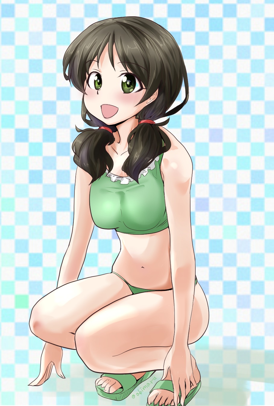 1girl :d abimaru_gup bangs bikini blue_background breasts brown_hair checkered checkered_background commentary extra eyebrows_visible_through_hair frilled_bikini frills full_body girls_und_panzer green_bikini green_eyes green_footwear hair_over_shoulder hair_tie highres itsumi_erika's_gunner looking_at_viewer low_twintails medium_breasts medium_hair navel open_mouth sandals smile solo squatting swimsuit twintails