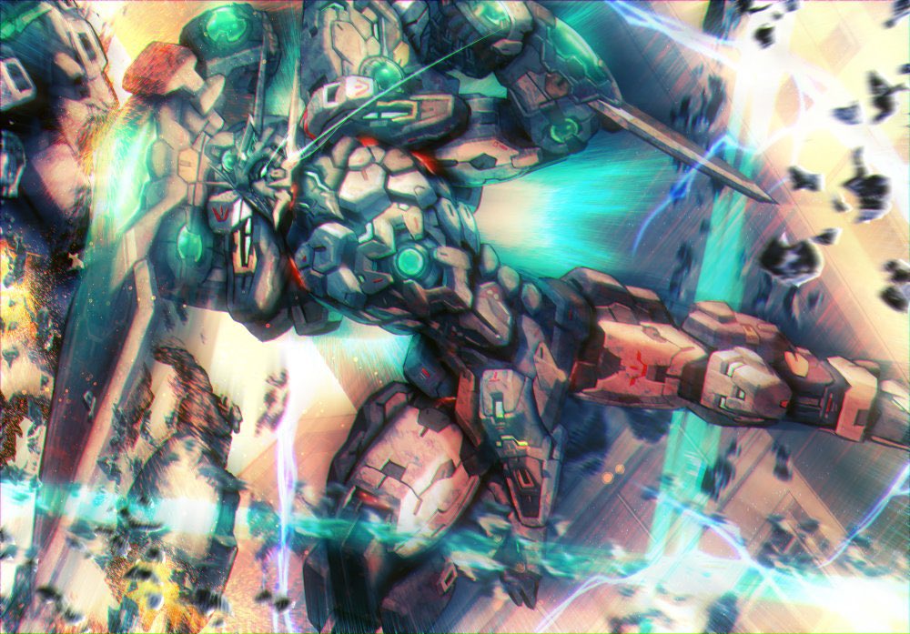aqua_eyes clenched_hands electricity flying glowing glowing_eyes mecha motion_blur no_humans punching science_fiction solo soulgain super_robot super_robot_wars super_robot_wars_original_generation v-fin wasabi_(payan)