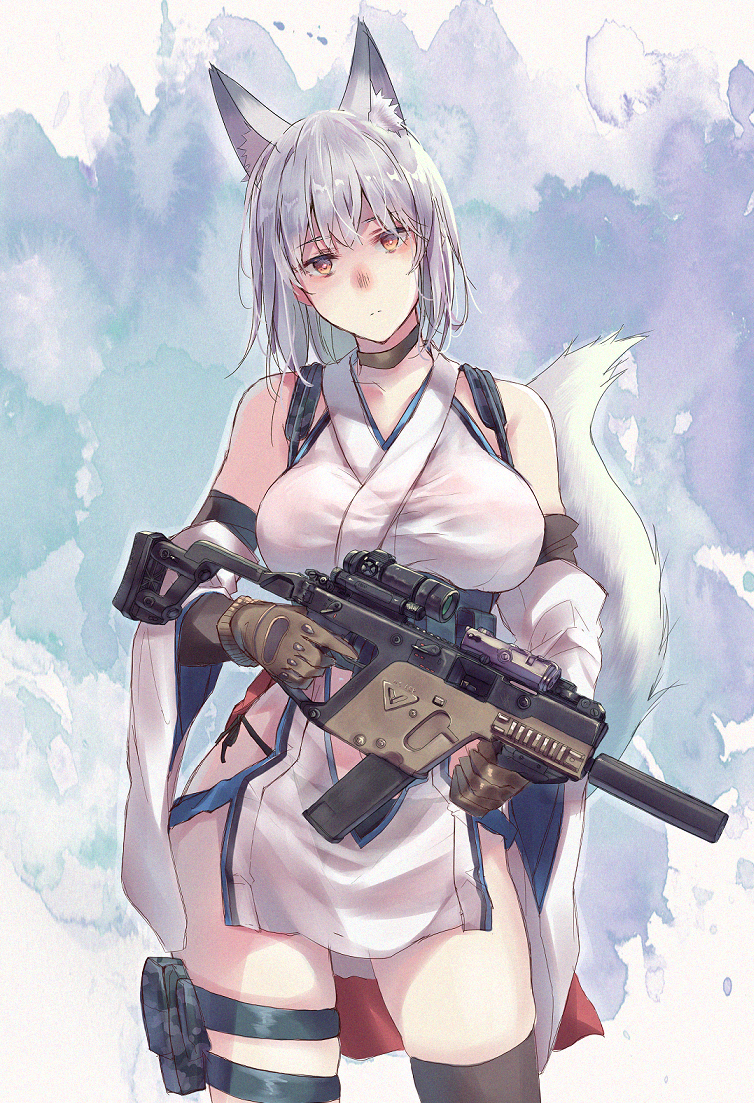 1girl animal_ear_fluff animal_ears asymmetrical_legwear bangs black_choker black_gloves black_legwear black_panties breasts bridal_gauntlets brown_eyes brown_gloves choker closed_mouth commentary cowboy_shot detached_sleeves dress fox_ears fox_girl fox_tail gloves gun head_tilt holding holding_gun holding_weapon japanese_clothes large_breasts layered_gloves light_frown looking_at_viewer medium_hair microdress original panties sash sawaya_(mizukazu) scope side-tie_panties silver_hair sleeveless sleeveless_dress solo standing string_panties suppressor tail thigh-highs thigh_strap underwear weapon weapon_request white_dress white_sleeves