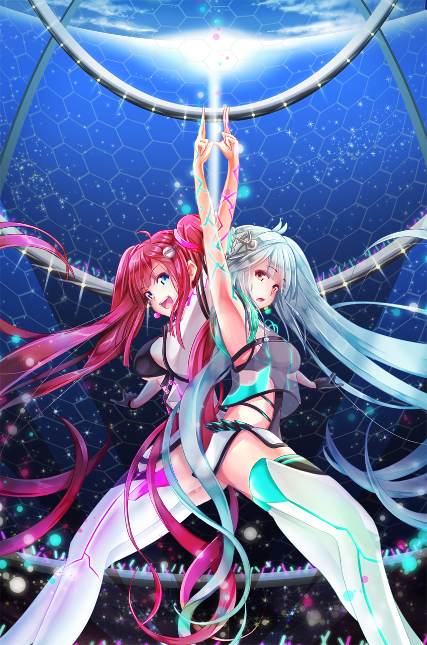2girls ahoge arm_up armpits asymmetrical_gloves black_gloves blue_hair breasts gloves glowstick hair_ornament hexagon highres hinabita hopper long_hair looking_at_viewer medium_breasts microphone midriff multiple_girls open_mouth outstretched_arm red_eyes redhead shinonome_kokona shinonome_natsuhi siblings sisters sky sound_voltex stage tagme twins twintails very_long_hair