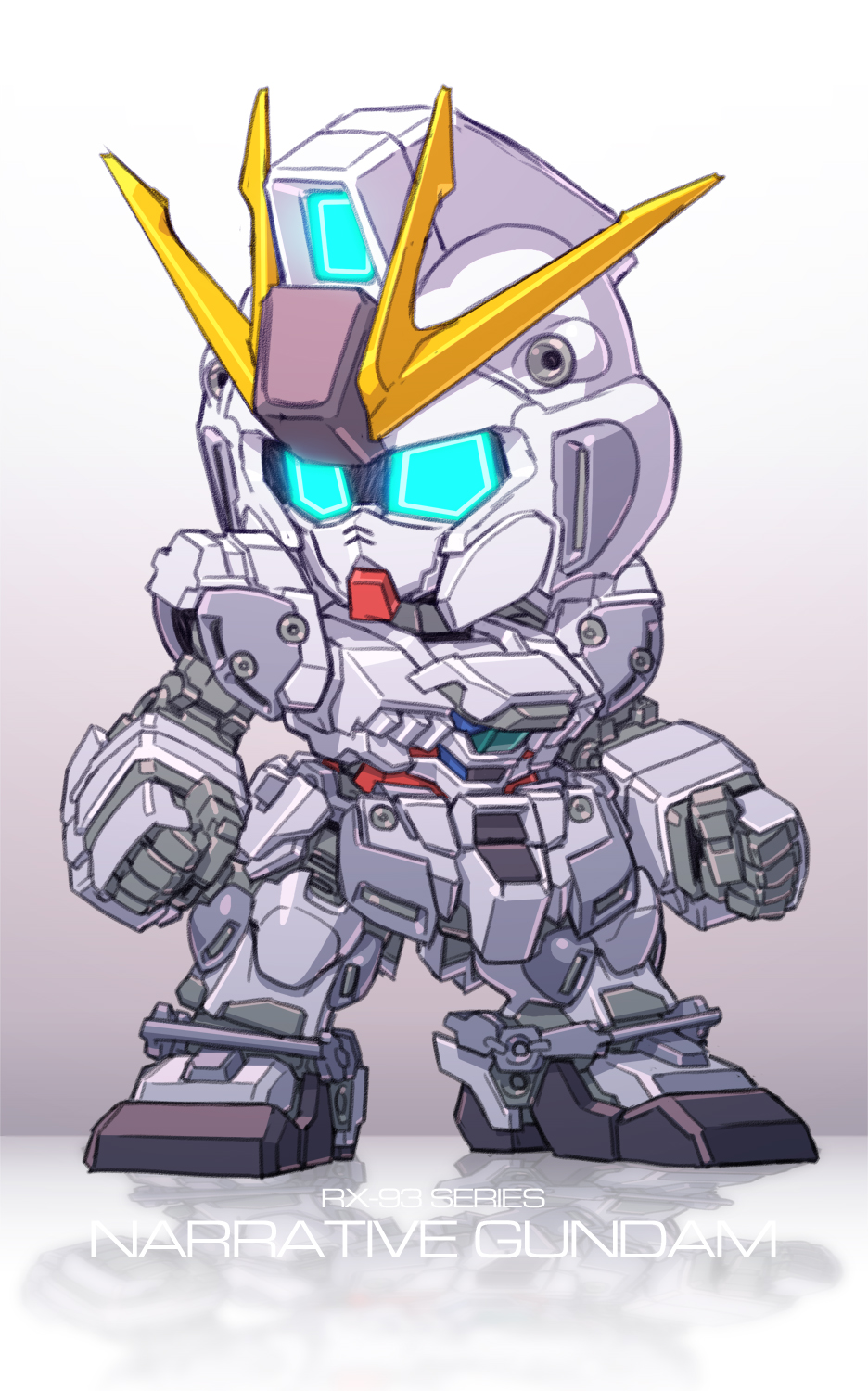blue_eyes character_name chibi clenched_hands glowing glowing_eyes gradient gradient_background gundam gundam_narrative highres looking_to_the_side mecha narrative_gundam no_humans reflection science_fiction solo standing susagane v-fin