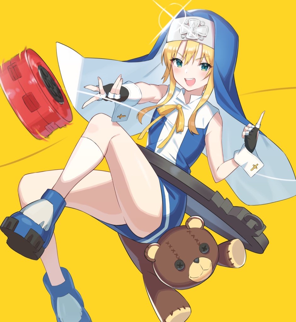 1boy bike_shorts black_gloves blonde_hair blue_eyes blue_footwear boots bridget_(guilty_gear) cross fingerless_gloves gloves guilty_gear gukurosawa01 habit long_hair looking_at_viewer male_focus nun otoko_no_ko simple_background smile socks solo white_legwear yellow_background yo-yo