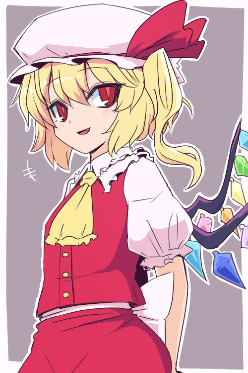 1girl arms_behind_back ascot blonde_hair border buttons crystal eyebrows_visible_through_hair fang flandre_scarlet grey_background hair_between_eyes hat hat_ribbon looking_at_viewer medium_hair mob_cap open_mouth puffy_short_sleeves puffy_sleeves red_eyes red_ribbon red_skirt red_vest ribbon shiozaki16 shirt short_sleeves side_ponytail simple_background skirt smile solo standing touhou vest white_border white_headwear white_shirt wings yellow_neckwear