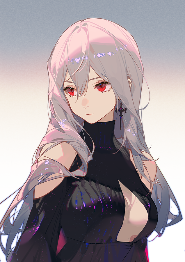 alternate_costume arknights ask_(askzy) breasts dress earrings jewelry large_breasts long_hair off-shoulder_dress off_shoulder red_eyes simple_background skadi_(arknights) white_hair