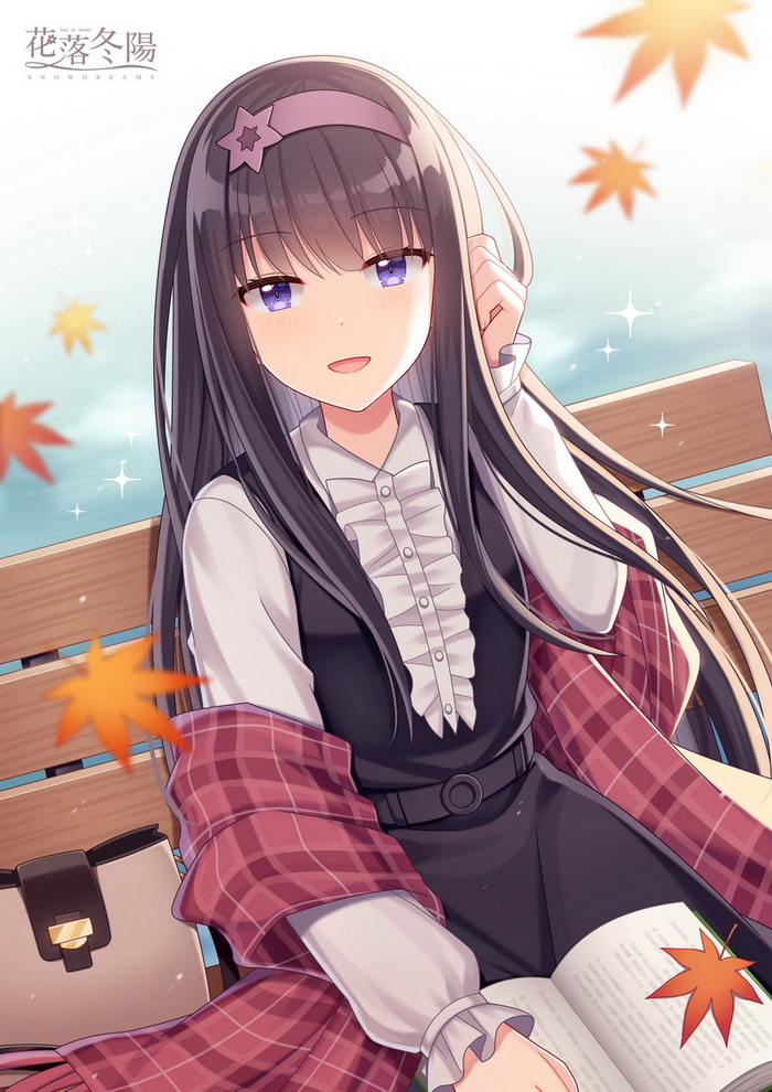 1girl :d autumn_leaves bench black_dress black_hair blush book center_frills character_request collared_shirt commentary_request dress frills fringe_trim hairband hand_up hitsuki_rei leaf long_hair long_sleeves looking_at_viewer maple_leaf on_bench open_book open_mouth park_bench plaid purple_hairband shawl shirt sitting sitting_on_bench sleeveless sleeveless_dress sleeves_past_wrists smile snowdreams_-lost_in_winter- solo sparkle very_long_hair violet_eyes white_shirt