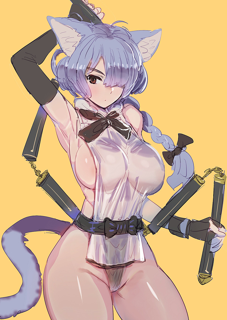1girl ahoge animal_ears armpits black_bow black_gloves black_neckwear black_panties black_sash blue_hair bow bow_(bhp) bowtie breasts brown_eyes cat_ears cat_tail closed_mouth contrapposto cowboy_shot elbow_gloves fingerless_gloves gloves hair_bow hair_over_one_eye hand_up highleg highleg_panties large_breasts long_hair looking_at_viewer nunchaku one_eye_covered original panties sash sideboob simple_background single_elbow_glove solo tail underwear weapon yellow_background