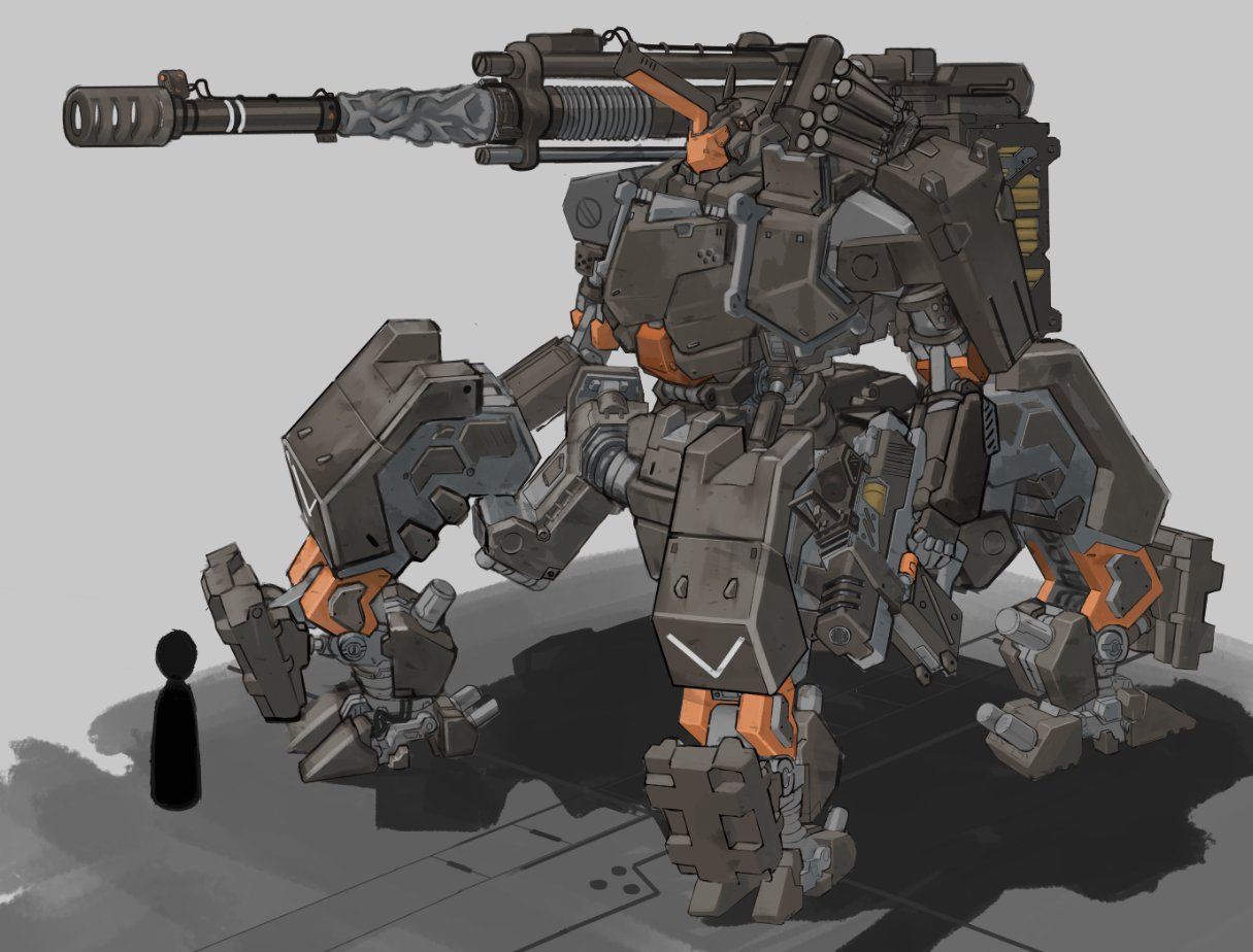 ak_ban22 extra_legs gun holding holding_gun holding_weapon horns looking_ahead mecha military original science_fiction shoulder_cannon silhouette single_horn size_comparison solo_focus standing weapon